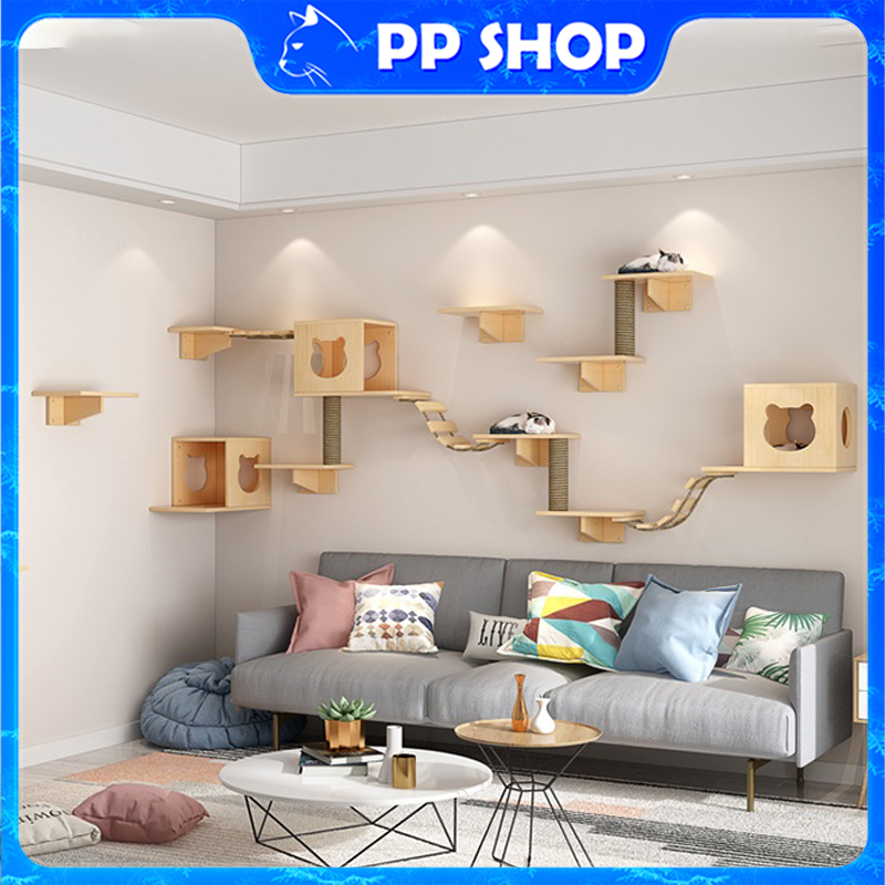 PP shop คอนโดแมวติดผนัง ติดตั้งง่าย คอนโดแมว บ้านแมว รังแมวติดผนัง สะพานแมว ของเล่นแมว (สะพานเชือก - แท่นกระโดด )