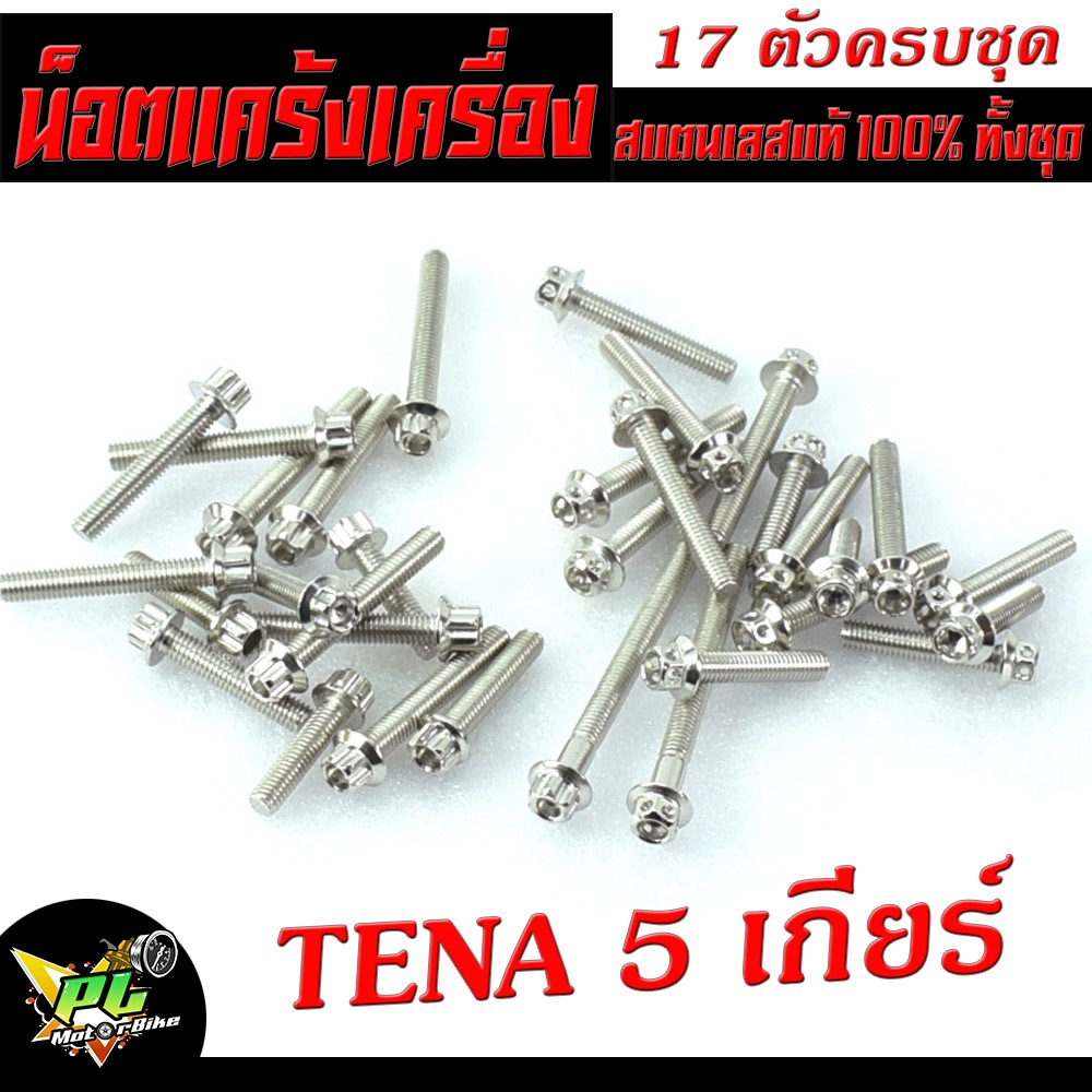 น็อตเลสแคร้งเครื่อง เทน่า /ชุดน็อต สแตนเลส แคร้งเครื่อง TENA NEW 5 เกียร์ ( 17 ตัวครบชุด เลสแท้100% ) น็อตแท้ง เทน่า