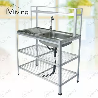 Vliving ซิ้งค์ล้างจาน อ่างล้างจาน สแตนเลส 3 ชั้น มีบน มีก๊อก 100cm สะดือตะกร้าใหญ่