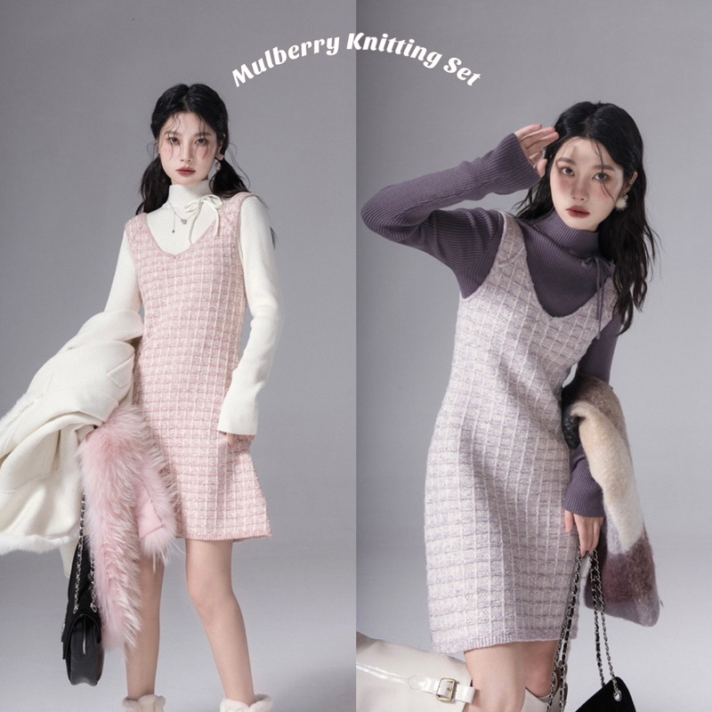 (New) On.December25 ชุดเซ็ท 2 ชิ้น Airport Look กระโปรงเอี๊ยมเที่ยวต่างประเทศผ้าชาแนล Mulberry knit 