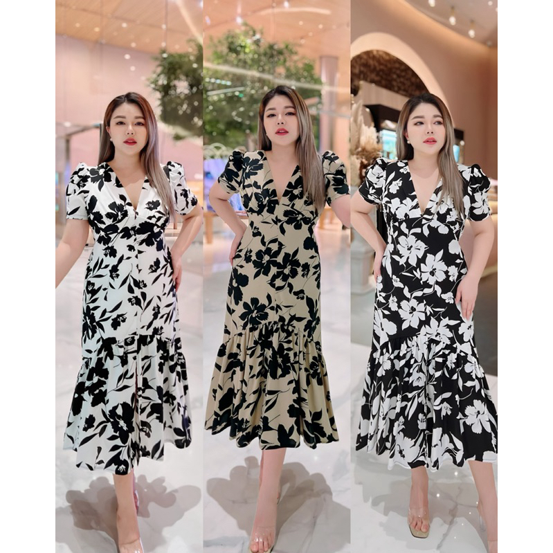 Hot Item เดรสยาวทรงหางปลาสลิมเมอเมทแขนทวิตจีบลายดอกไม้No.4 #Maisie Shop