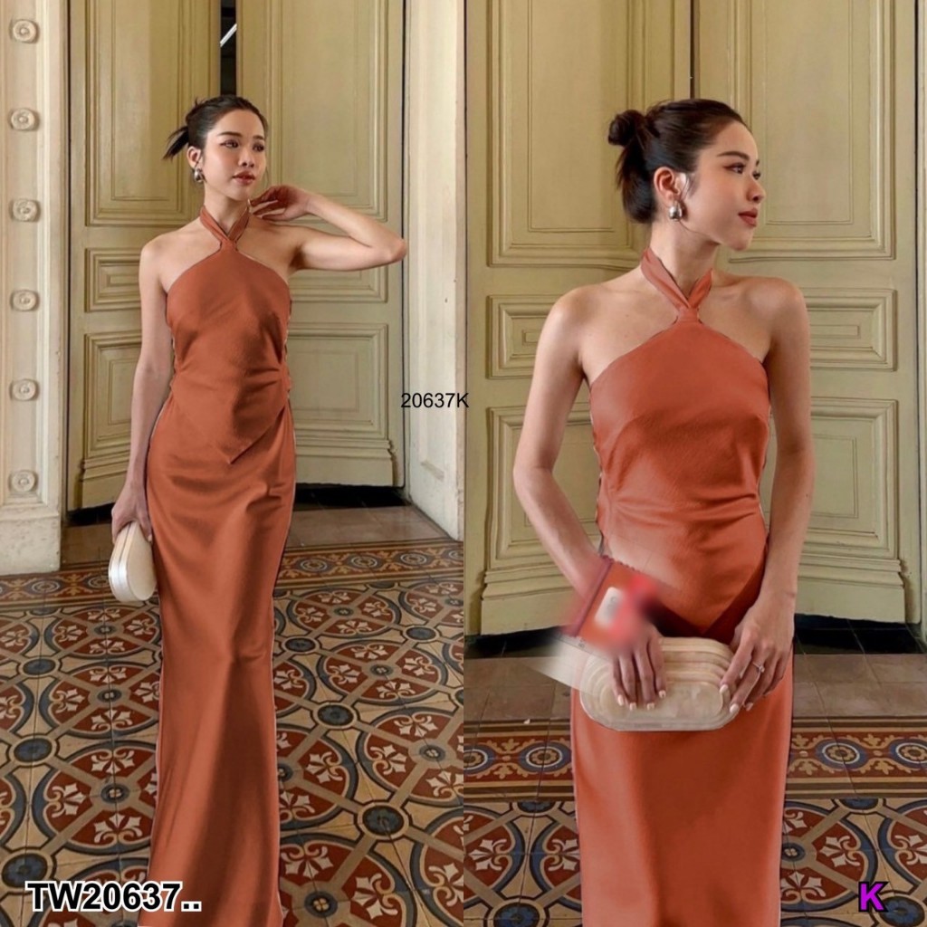 TwinsShopVip💗พร้อมส่ง TW20637 set 2 ชิ้น เสื้อผูกหลัง + กระโปรงยาว .. - รูปที่ 4