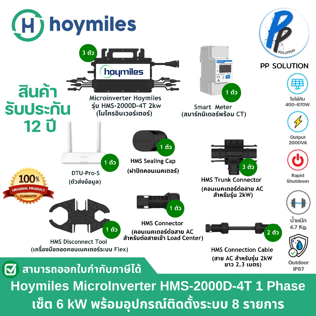Hoymiles Microinverter HMS-2000D-4T Solar Micro Inverter Set 6 Kw  รับรองจากการไฟฟ้า (PEA),MEA