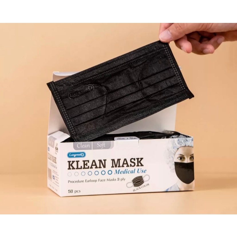 Klean Mask Longmed สีดำของแท้100%หน้ากากอนามัยทางการแพทย์ 3ชั้น 50 ชิ้น/กล่อง #ป้องกันPM2.5#แมสปิดจมูก#Medical Mask