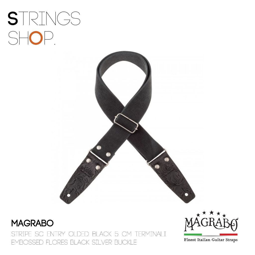สายสะพาย Magrabo Stripe SC Entry Olded Black 5 cm terminali Embossed Flores Black Silver Buckle