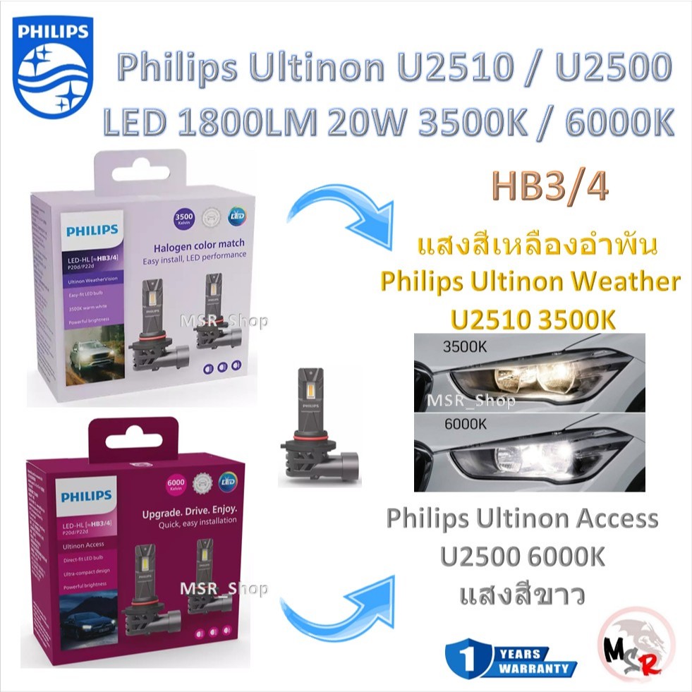 Philips หลอดไฟหน้ารถยนต์ LED Ultinon Weather Vision U2510 3500K / Access U2500 6000K 1800LM HB3/HB4