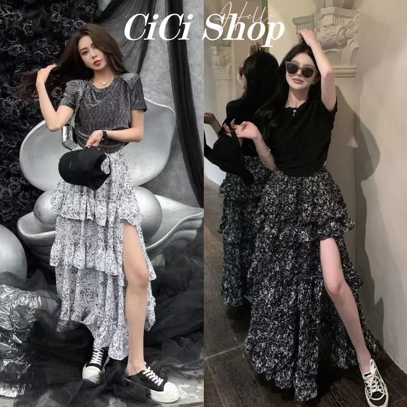 Cicishop(New3019)กระโปรงยาว เอวสม๊อกดีเทลผ่าข้างแต่ระบายทั้งตัวพิมพ์ลายดอกไม้ สไตล์ฝรั่งเศษ