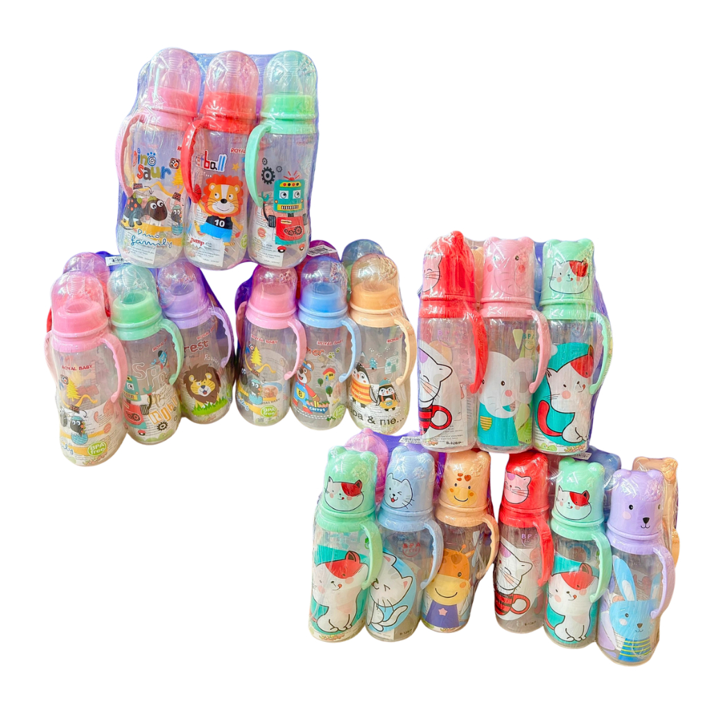 ขวดนมเด็ก คอแคบ มีหูจับ Royal Baby ลายการ์ตูน คละลาย ฝาหมี / ฝากลม ขนาด 8 ออนซ์ (6ขวด / แพ็ค)