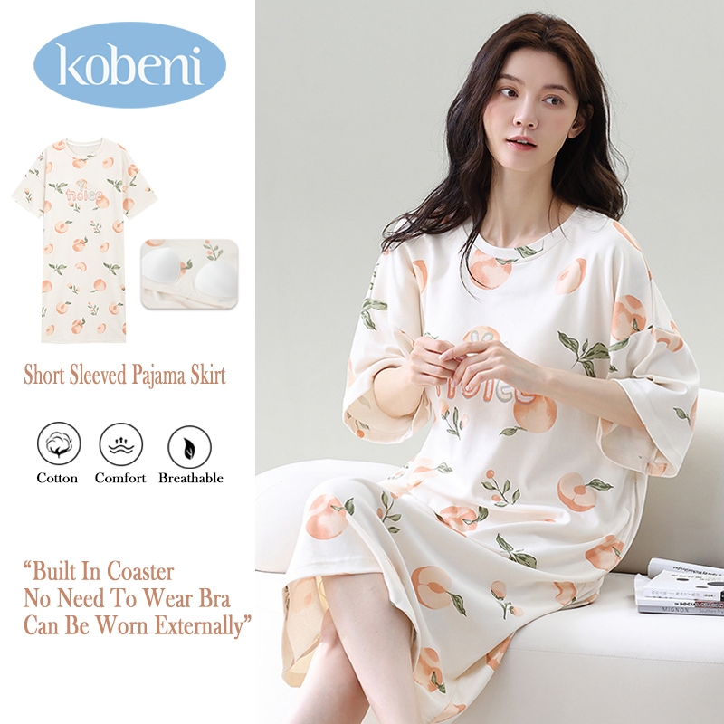 KOBENI ชุดนอน ผู้หญิง เดรสยาว แผ่นหน้าอกในตัว กระโปรงแขนสั้น คอกลม ผ้ายืด ชุดอยู่บ้าน ใส่สบาย ผ้านิ่ม