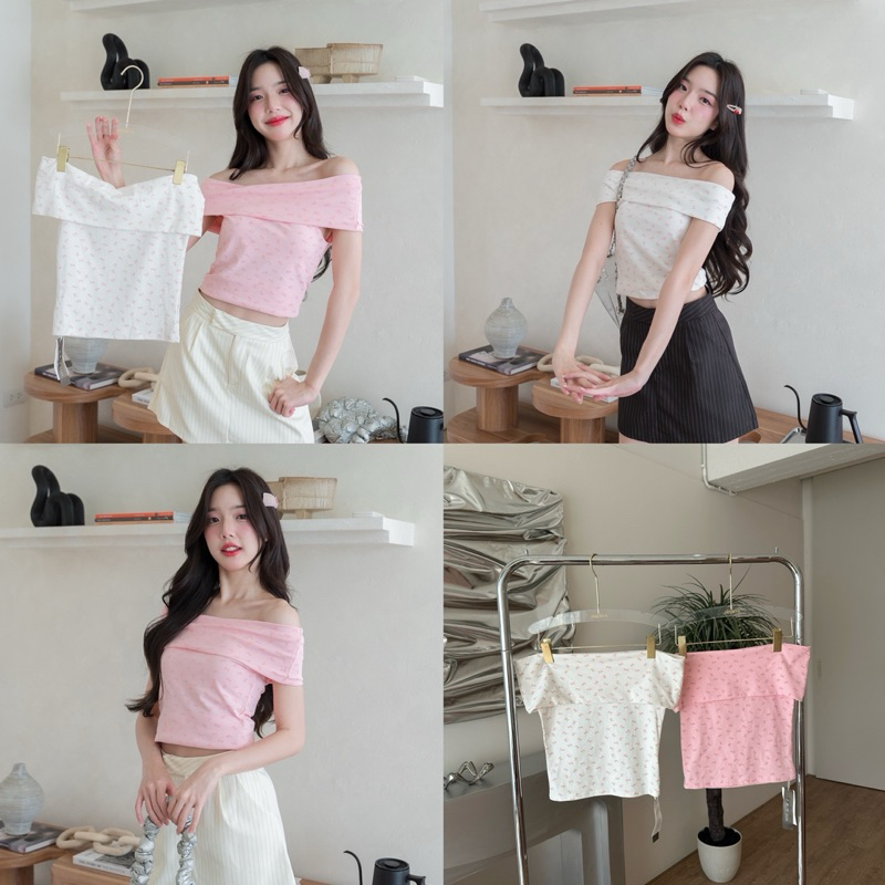T014 pimpimon (พร้อมส่ง🚚) เสื้อปาดไหล่ ลายดอกไม้🎀✨ (ป้ายjarinya)