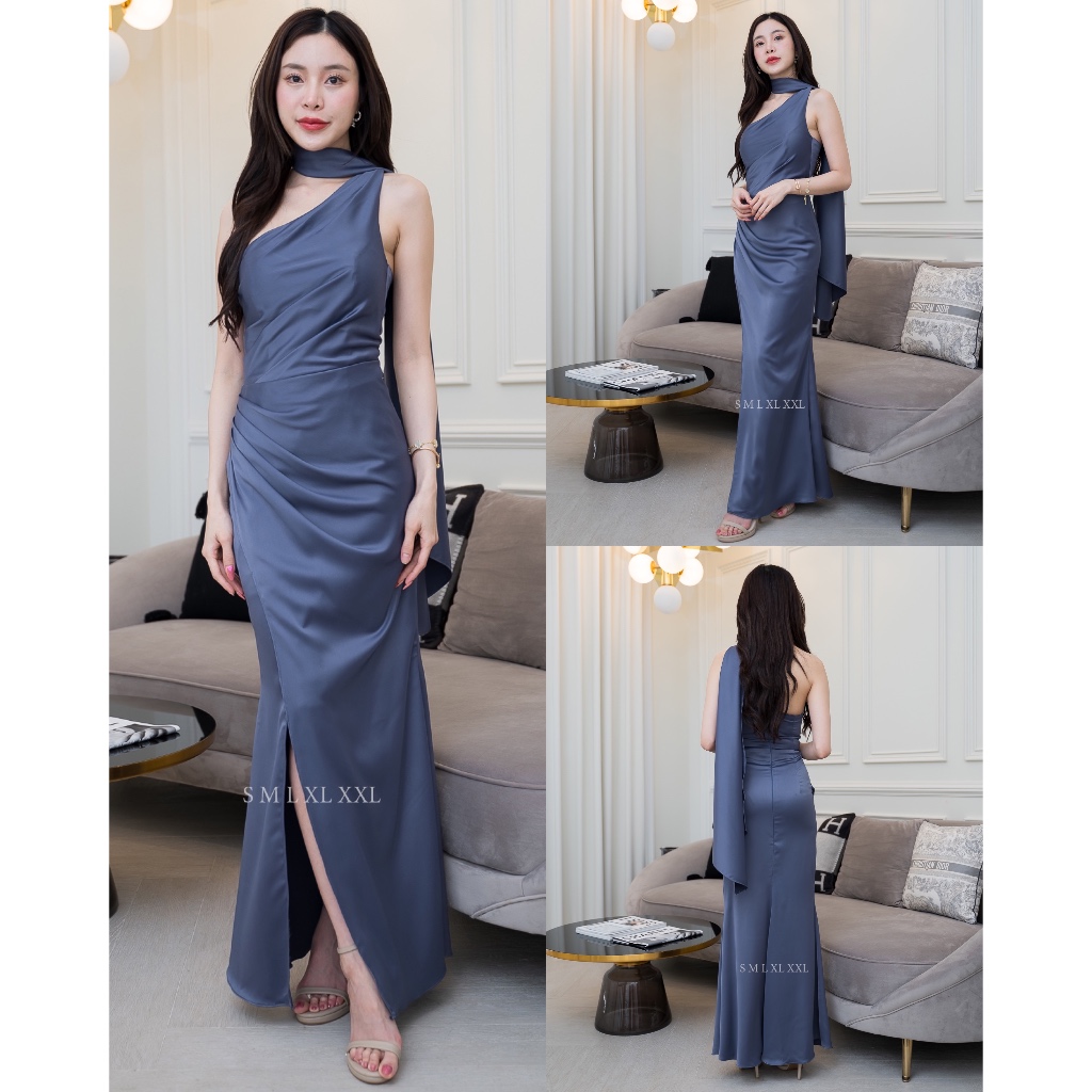 ชุดออกงาน ชุดเพื่อนเจ้าสาว ชุดราตรียาว koolykool(พร้อมส่ง S-2XL) เดรสไหล่เบี่ยงสไบเล็กพาดคอ kk065 รูปที่ 3
