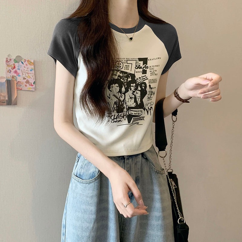 เสื้อครอปน่ารักสไตล์เกาหลี เสื้อผ้าสาวอวบแฟชั่น เสื้อยืดสวยๆผู้หญิงฤดูร้อนใหม่ เข้ารูปทรง สกรีน พิมพ์ลายวินเทจ กําลังฮิต ราคา ถูกที่สุด ดีลบีเคเค แกลเลอรีภาพที่ 6