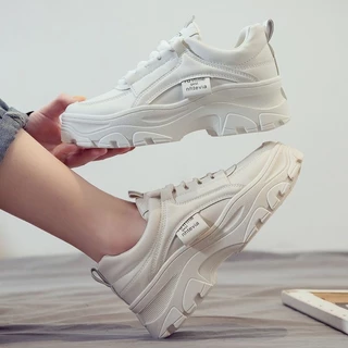 DV พร้อมส่ง🚚รองเท้าผ้าใบผู้หญิง พื้นหนา แฟชั่น sneaker เพิ่มความสูง กีฬาลำลอง มีเชือก