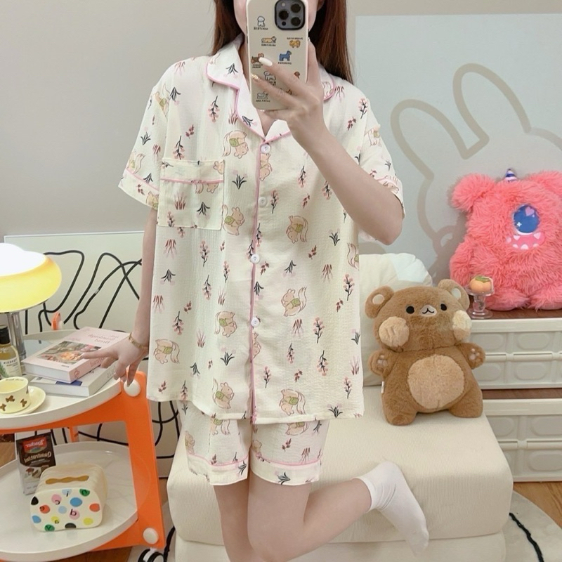 ชุดนอนผ้าไหมสาลูญี่ปุ่นแขนสั้น-ขาสั้น Freesize