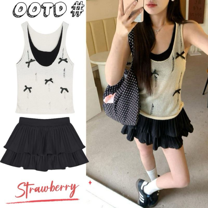 STR พร้อมส่ง🥐ชุดเดรสสั้นแฟชั่นผู้หญิง🥐ชุดเดรสทรงหรวม เสื้อกล้ามแขนกุด+ กระโปรงสั้น เซ็กซี่ ทรงเข้ารูป ชุดเซ็ทเกาหลี