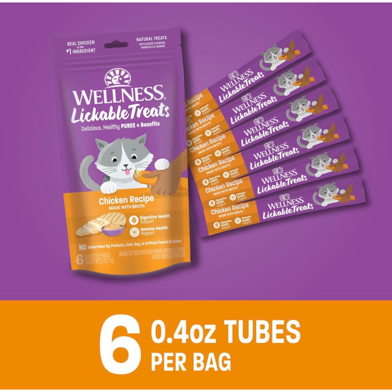*พร้อมส่ง ขนมแมวเลีย บำรุงลำไส้เสริมภูมิคุ้มกัน รสไก่ 1ถุงมี 6 ซอง  Wellness Lickable TreatsSoft Puree Natural GrainFree