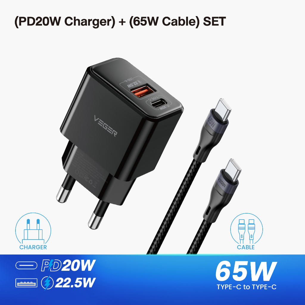 [Veger V-CC04] Adapter and Cable Charger Set สายชาร์จ Type-C(65W) รองรับการชาร์จเร็ว กะทัดรัด พกพาง่าย มาตรฐานประเทศไทย