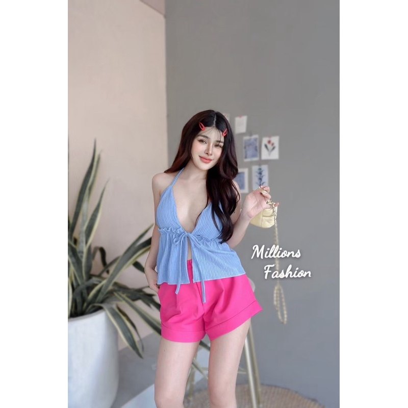 🎊mnv_shop🎊 เสื้อสายเดี่ยวคอวี ผ้าท๊อฟฟี่ แต่งสายผูกคอ ทรงสวย เช็กชี่สุดๆ - รูปที่ 3