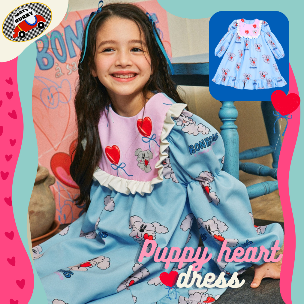 BeBe (mattburry ของแท้ พร้อมส่ง นำเข้าเกาหลี) Puppy heart dress ชุดเดรสสีฟ้าลายลูกหมา งานคุณภาพแบรนด์เกาหลี