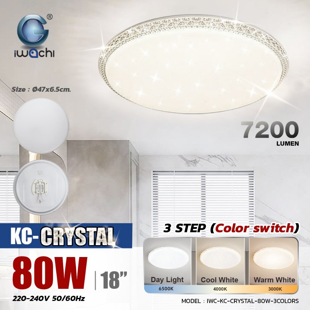 IWACHI โคมไฟเพดาน ไฟเพดานบ้าน LED 80W โคมระย้าคริสตัล โคมไฟห้องนั่งเล่น  สไตล์โมเดิร์น หรูหรา โคมไฟเปลี่ยนสี 3สี