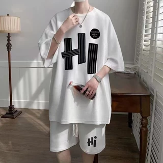 M-3XLเสื้อเซ็ตผู้ชาย เสื้อผู้ชาย กางเกงขาสั้นผู้ชาย (คอกลมเสื้อ+กางเกงขาสั้น) พิมพ์ลาย ขนาดมาตรฐาน ผ้าดี（มี3สี）