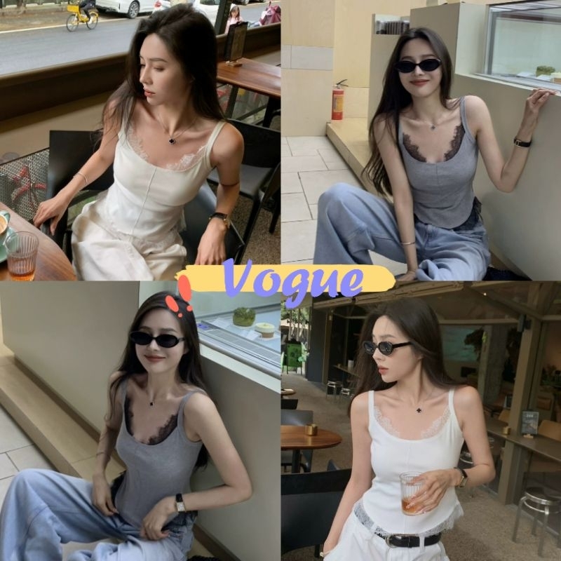 Vogue พร้อมส่ง เสื้อสายเดี่ยวไหมพรม ดีเทลขอบลูกไม้เท่ๆ สไตล์เกาหลี มินิมอล (M6803)