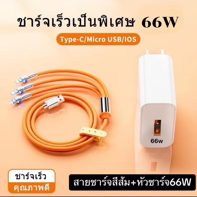 หัวชาร์จ 66W+สายชาร์จ 66W Super Charger 6A Cable LED OD6.0หนา สายซิลิโคน Quick Charge ส