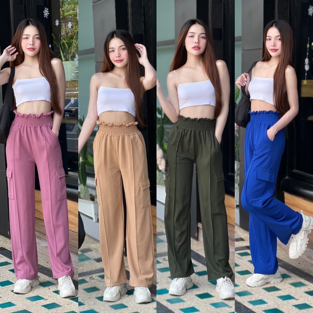 6 colors กางเกงคาโก้ผู้หญิง  กางเกงเอวสูงตีเกร็ตหน้ ากระเป๋าแปะข้าง ไซส์ใหญ่ กางเกงคาร์โก้ ไตล์สไตล์สตรีทท K9180