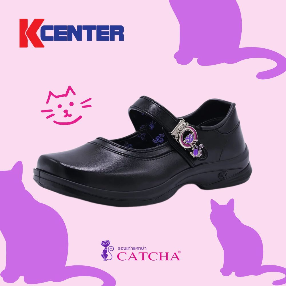 CATCHA แคชช่า รองเท้านักเรียนหญิงหนังดำ รุ่น แมวดุ๊กดิ๊ก (สามารถออกบิลเบิกโรงเรียนได้)