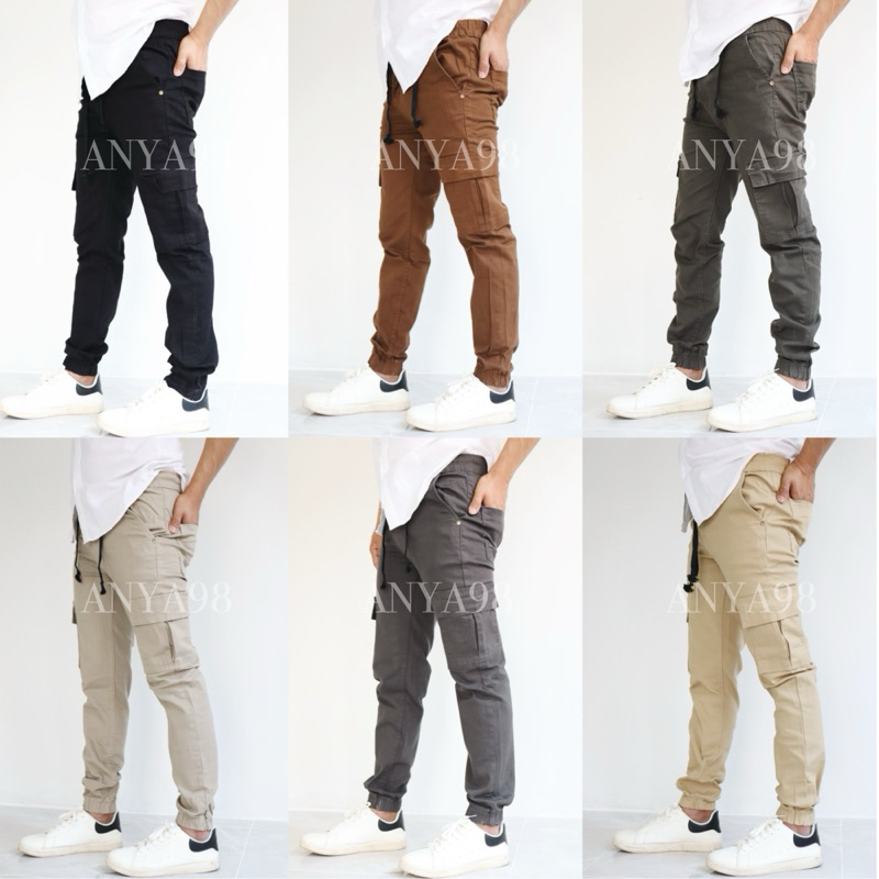 กางเกงคาร์โก้ขาจั้ม 6 กระเป๋า ผ้ายืด เอวสม็อกกระดุมซิป ( ส่วนสูงไม่เกิน175ซม.ใส่ได้ )