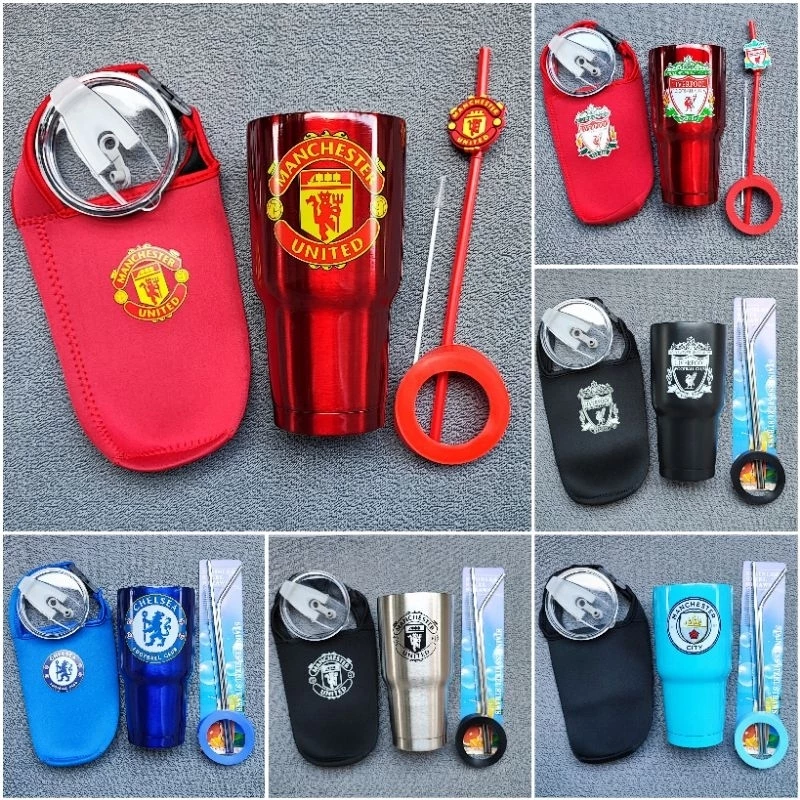พร้อมส่ง แก้วน้ำเก็บความเย็น ขนาด 30ออนซ์ ได้ครบชุด 5ชิ้นตามรูป ลายทีมฟุตบอล
