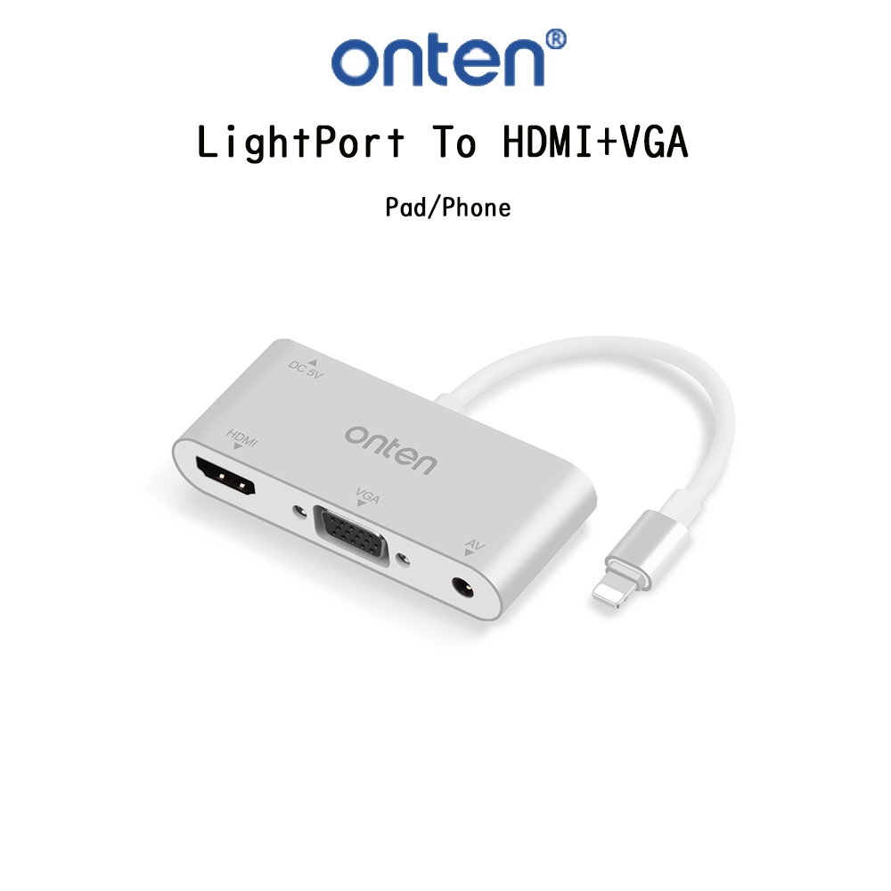 Onten LightPort To HDMI+VGA สายแปลงสัญญาณเกรดพรีเมี่ยม สำหรับ iPhone/iPad ที่รองรับ LightPort