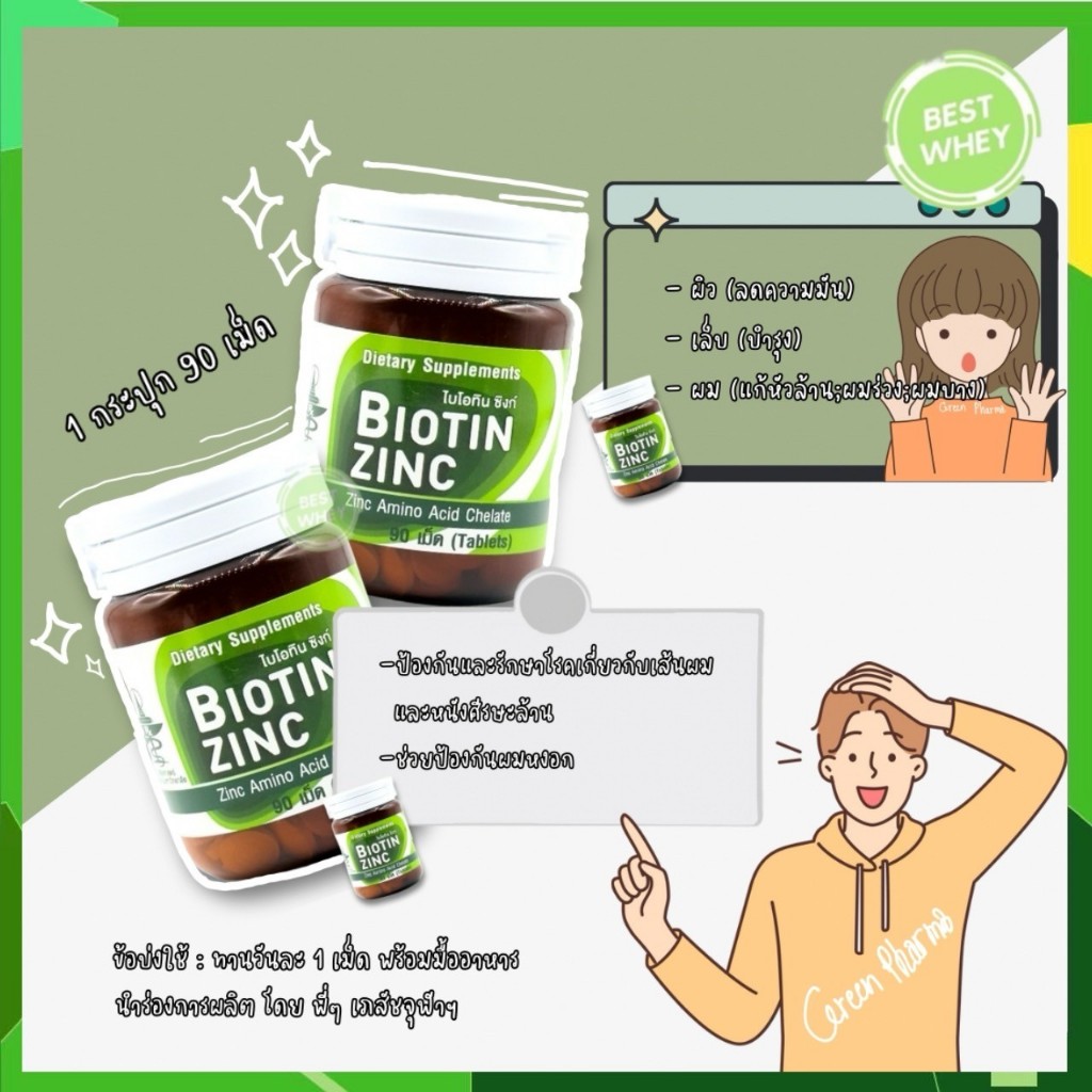 พร้อมส่ง Biotin Zinc ผลิตและวิจัยโดยคณะเภสัชจุฬา 90 เม็ด มีส่วนช่วยในการคงสภาพปกติของเส้นผมและเล็บ
