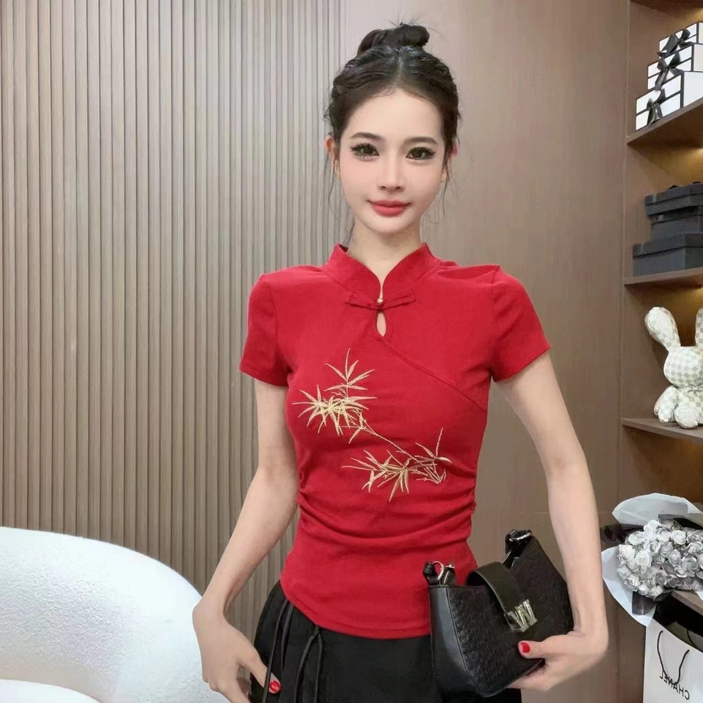 (พร้อมส่ง/ใหม่)#E317เสื้อยืดแขนสั้นหญิงใหม่สไตล์จีนสไตล์ประจำชาติแฟชั่นเสื้อSlimปัก2024 ฤดูร้อนใหม่