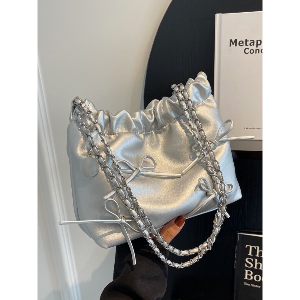 Amazefan กระเป๋าสะพายไหล่ สายโซ่ ประดับโบว์ จับจีบ