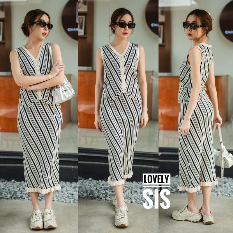 🌈🌿🌼🌸🌺🤎🧡🇰🇷 Knit Stripe Sleeveless Crop&amp;Long Skirt Set