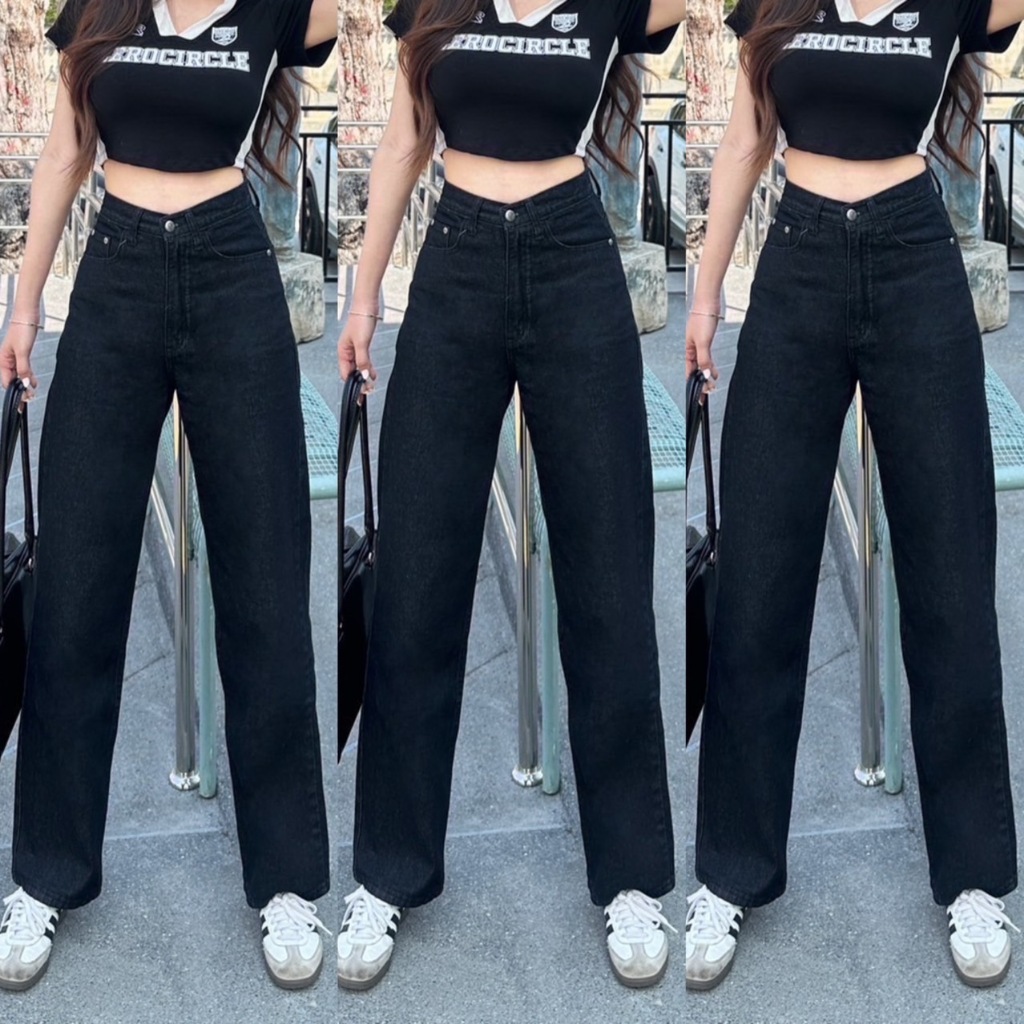 TwiceJeans ยีนส์ทรงกระบอก ขาตรง วินเทจ เอวสูง เรียบ ผ้ายีนส์ไม่ยืด สีดำมิทไนท์
