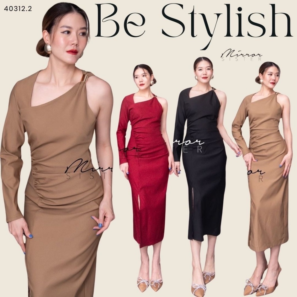 Mirrorsister 40312.2 เดรสทรงสวยเข้ารูปช่วงเอว คอสามเหลี่ยมเบี่ยงเก๋ ข้างนึงแขนกุดแต่งอะไหล่ ข้างนึงแขนยาว กระโปรงทรงตรง