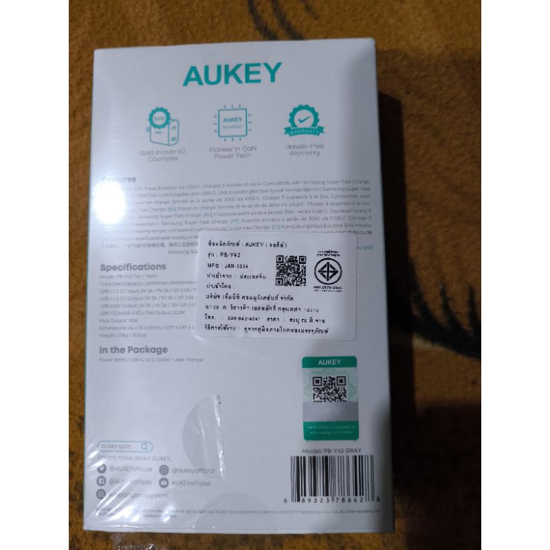 พาวเวอแบงค์ aukey 30 w 20000mah รุ่น pb - y 42