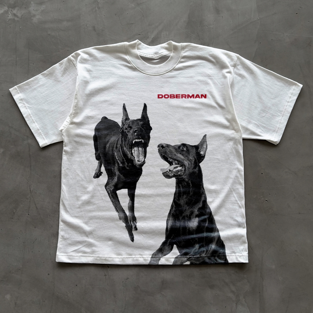 SHRED® - DOBERMAN - WHITE TEE - COTTON100% - เสื้อยืดทรงโอเวอร์ไซส์ลายหมาโดเบอร์แมน