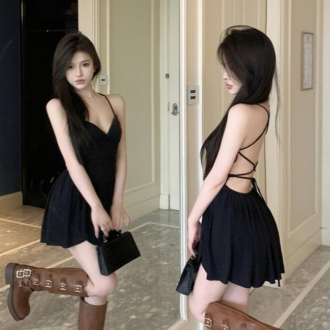 aililai1688 มินิเดรสสั้น กระโปรงพริ้วๆ สายเดี่ยว คอวี เปิดหลังแซ่บๆ เซ็กซี่มากคุณน้า สวยหรูดูแพงสุด