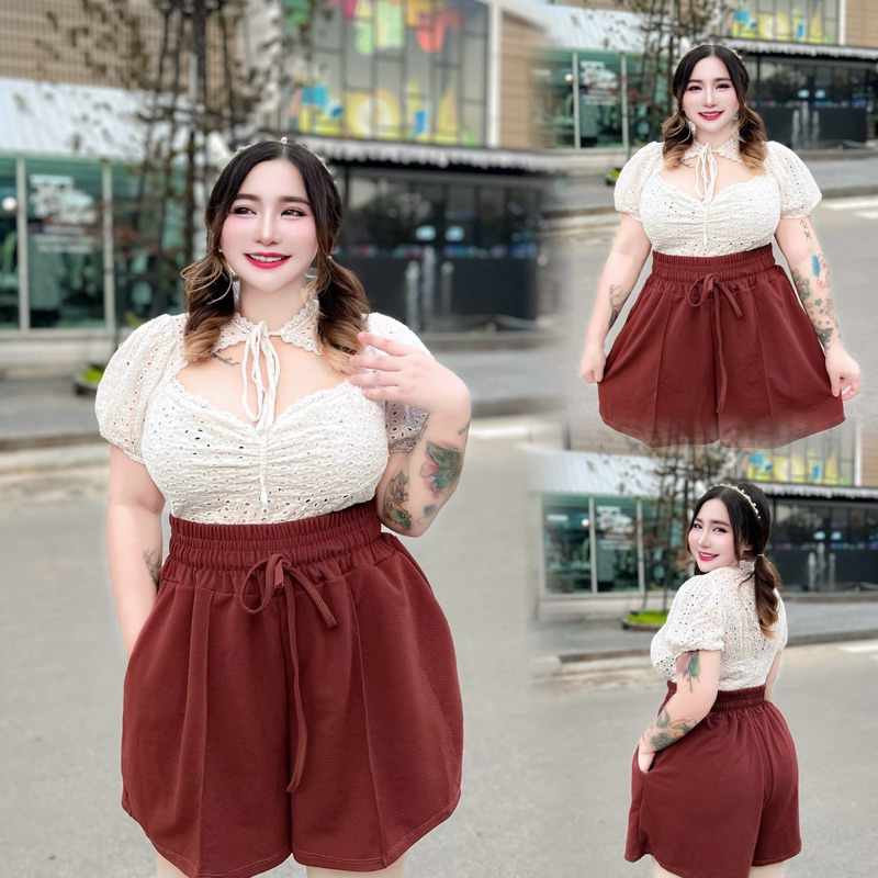 [ไซด์ใหญ่ ยืดได้ถึง50“++ ลด50%]กางเกงขาสั้นตีเกร็ดผ้ายืดมูลเวฟ #สาวอวบอ้วน