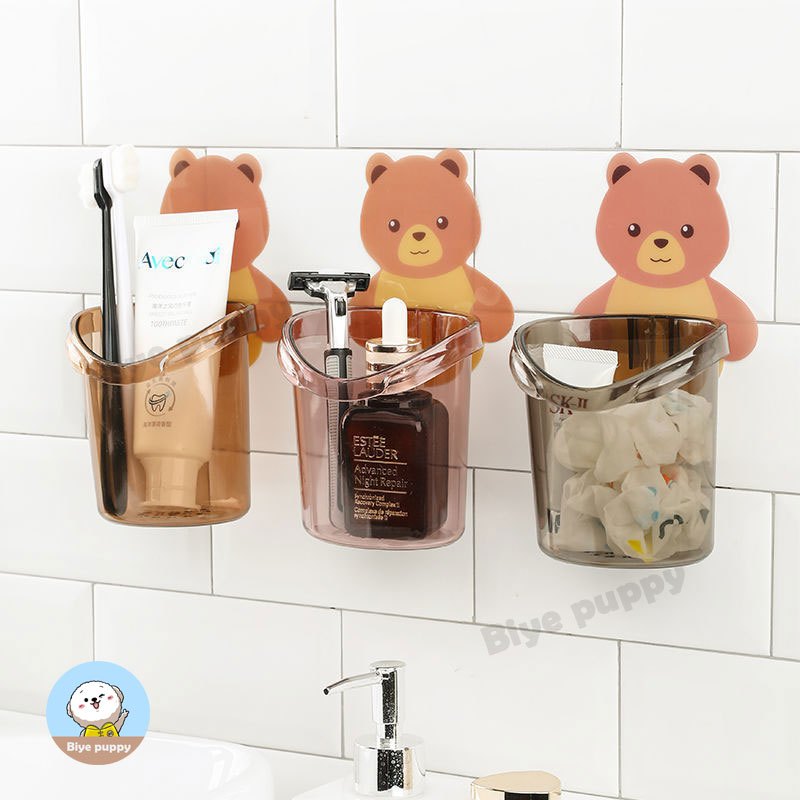 ที่ใส่แปรงสีฟัน ที่วางยาสีฟัน หมีน้อย ชั้นวางของในห้องน้ำ แก้วใส่แปรงสีน กล่อง ติดผนัง แบบไม่เจาะ กล่องเก็บอุปกรณ์อาบน้ำ
