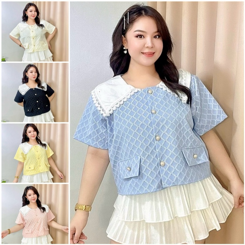 เสื้อสาวอวบ แฟชั่น ไซส์ใหญ่ เสื้อครอปสาวอวบ ผ้าลักชู คอปก อก 42-48“ หน้าผ้า 50” แขนสั้น แต่งกระเป๋า