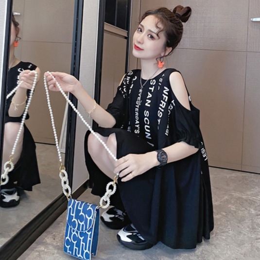 เสื้อแขนสั้นสาวอวบ สาวพลัสไซส์ Oversize (ไซส์ใหญ่) เหว้าไหล่ ปลายแขนจั้มยางยืด พิมลาย ผ้าคอตตอล A06 พร้อมส่ง