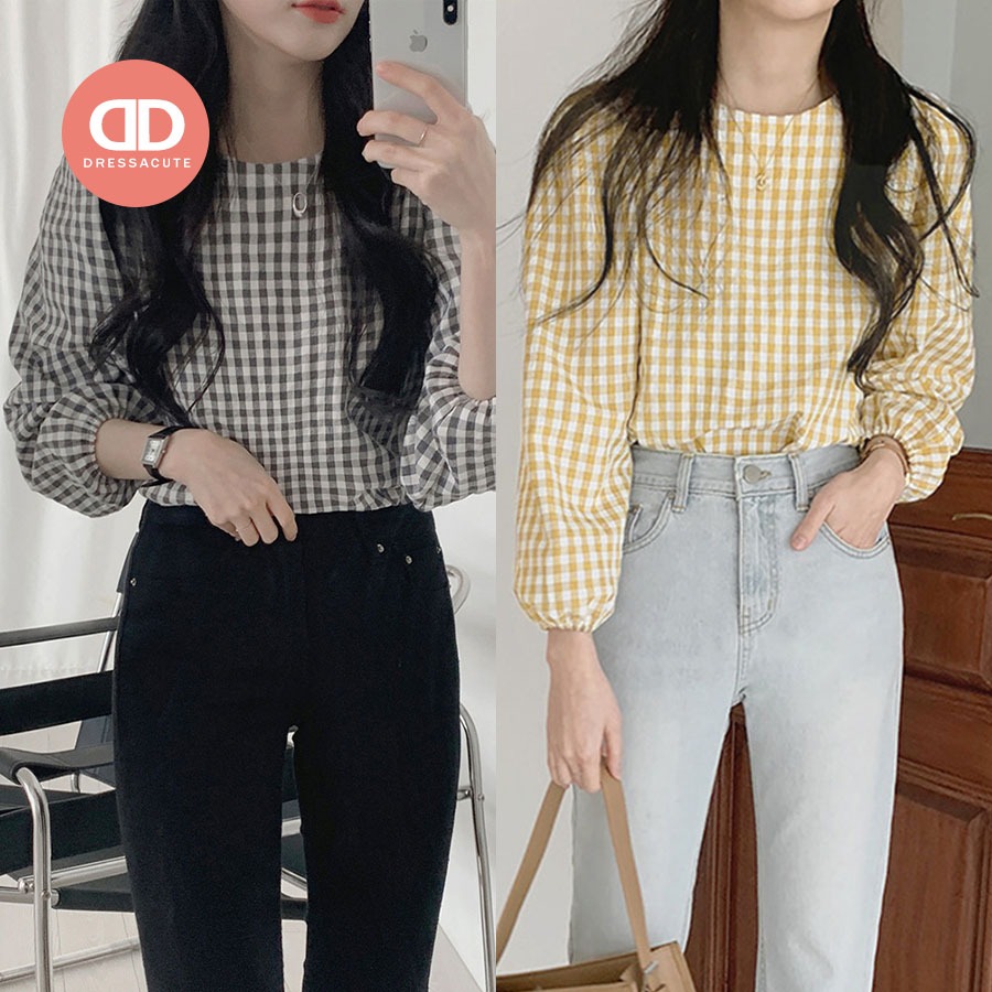 น่ารักมาก 🌻 680 เสื้อเชิ้ตลายสก๊อตแขนยาว คอกลม แฟชั่นผู้หญิง ใส่ทำงาน🌻