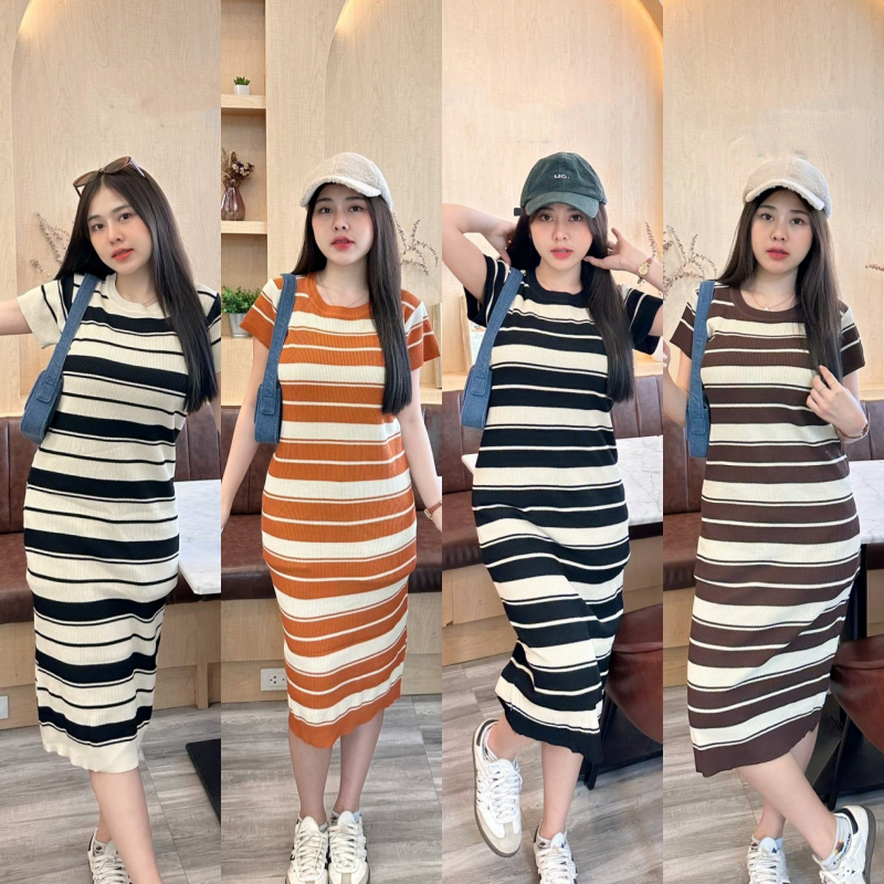 SpinnyHouse เดรสไหมพรมผ้าทอลายริ้ว ผ้ายืดตามตัว สาวอวบใส่ได้ เนื้อผ้านุ่มไม่หนาใส่สบาย พร้อมส่งทุกสี รุ่น นาคา