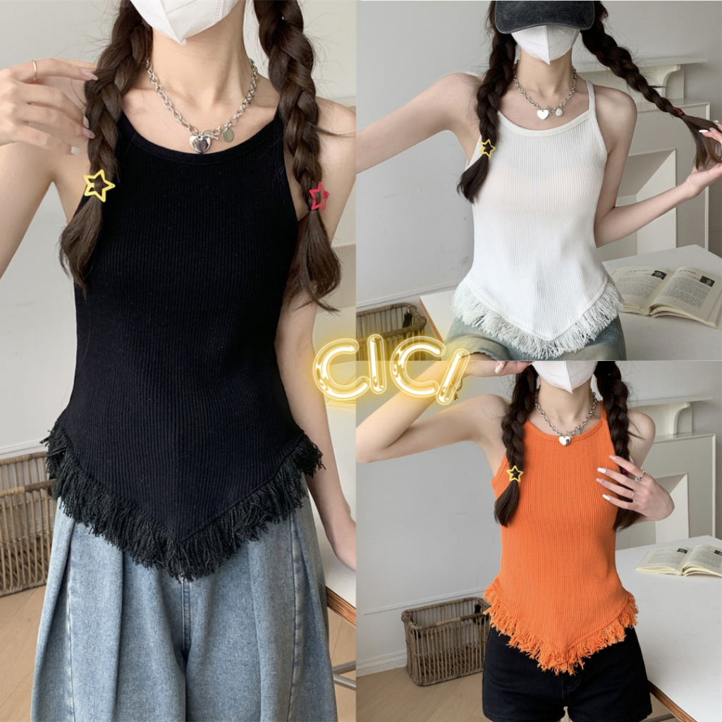 ส่งทันที Cici(NO. 9CX21-1)เสื้อสายเดี่ยว ดีเทลแต่งพูปลายเสื้อ