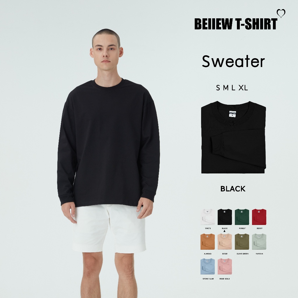 Beiiew Tshirt Sweater Oversize แขนยาวโอเวอร์ไซส์ สีดำ S M L XL ผ้าคอตต้อนเนื้อดีไม่หดไม่ย้วย OVERSIZE :