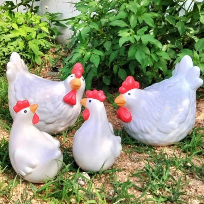 สัตว์แต่งสวน ตุ๊กตาไก่ ไก่แจ้ ตุ๊กตาไก่เซรามิค ชุด 4 ตัว ขนาดลูก 4.5นิ้ว แม่8.5นิ้ว ไก่แต่งสวน  ไก่เซรามิค สไตล์มินิมอล